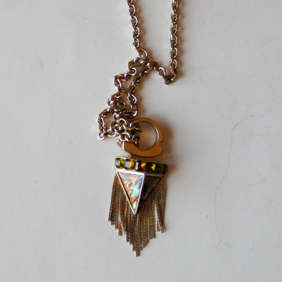 SAM EDELMAN SPEAR SHAPED GREEN RHINESTONES  ABALONE SHELL CHAIN DANGLE PENDANT - Picture 8 of 11